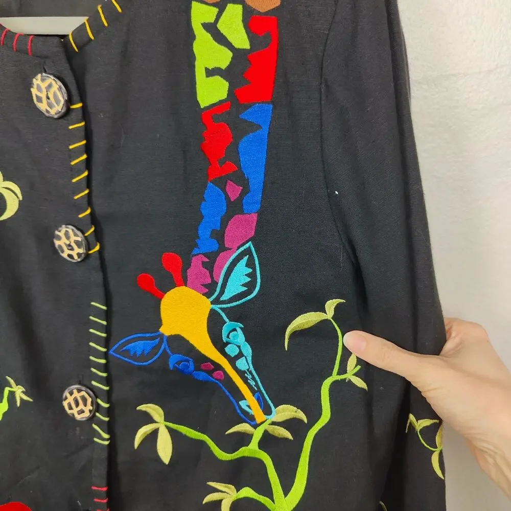 Vintage Drapers & Damons Giraffe Embroidered‎ Cardigan Womens Petite Large Black